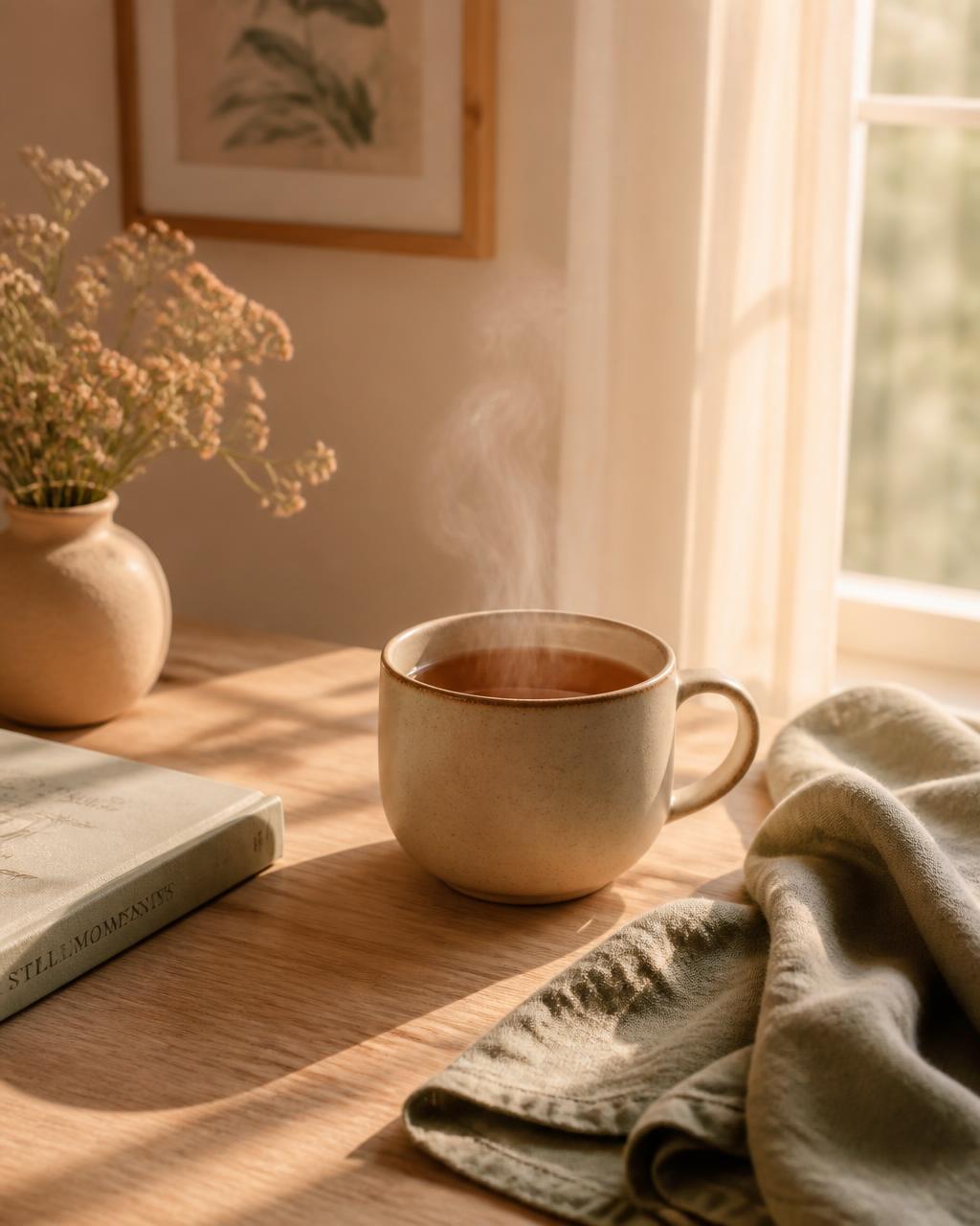 Tasse de thé fumante posée sur une table en bois clair, baignée de lumière du matin